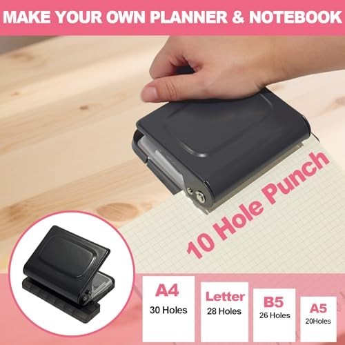 10 Hole Punch Binding Machine, Manual Planner Binder System, 10 Multi-Color Ring