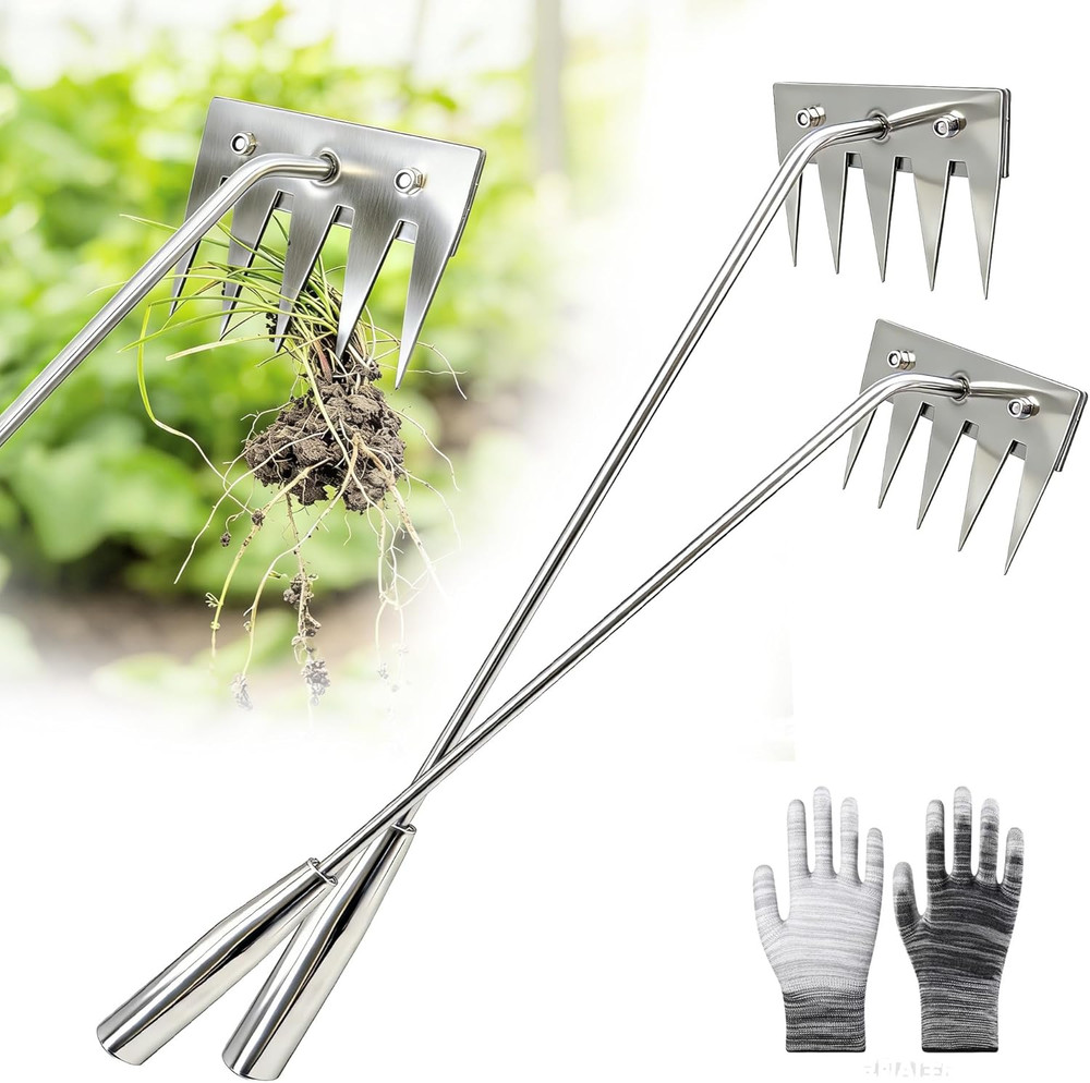 2-Piece Portable Manual Weed Puller Tool with Stainless Steel Rake Head