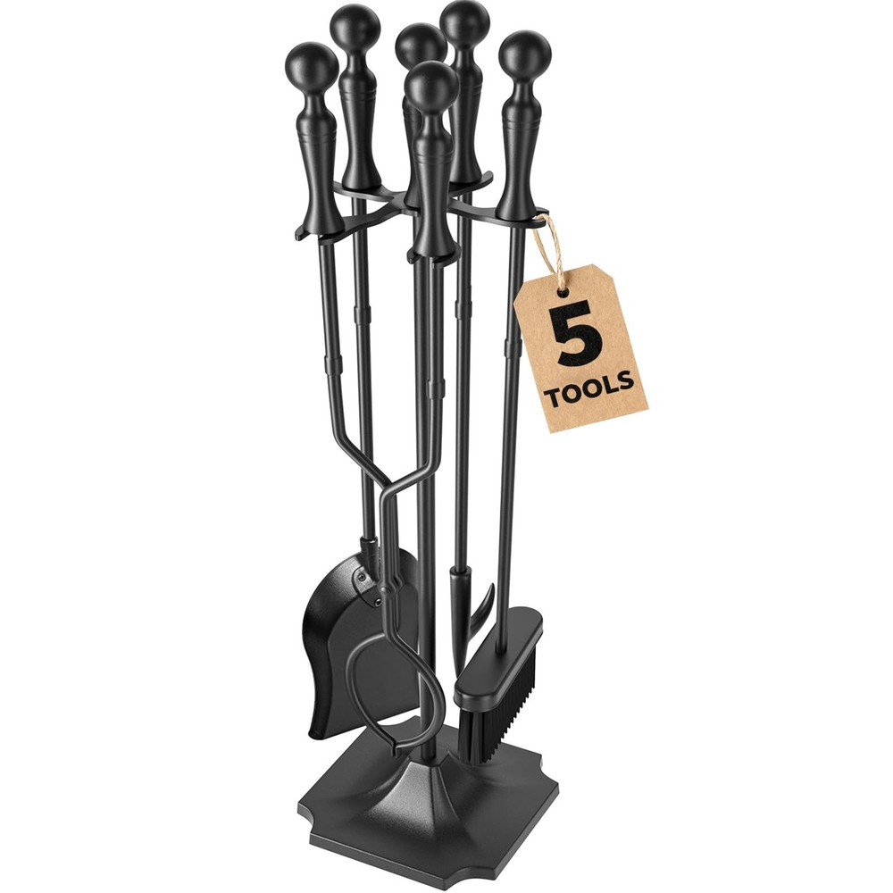 5 Pcs Fireplace Tools Set 31 Inch Indoor Black Handle Wrought Iron Large Fire...