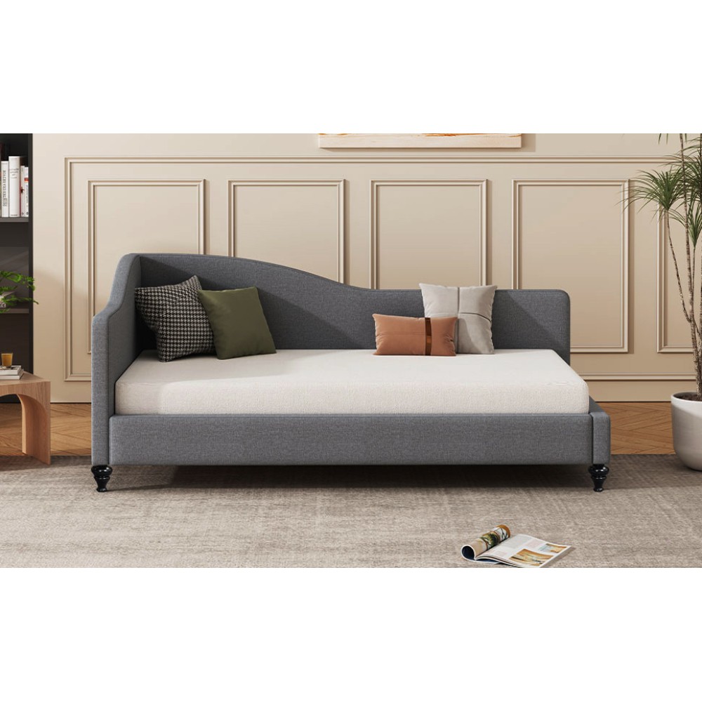 Twin Size L-Shaped Linen Daybed, with Solid Wood Legs, Gray