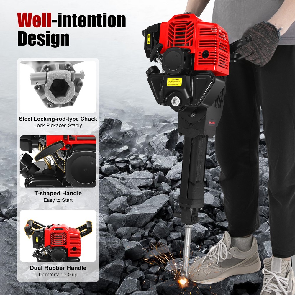 52cc Gasoline Powered Demolition Jack Hammer Concrete Breaker w/ 2 Chisel Bits