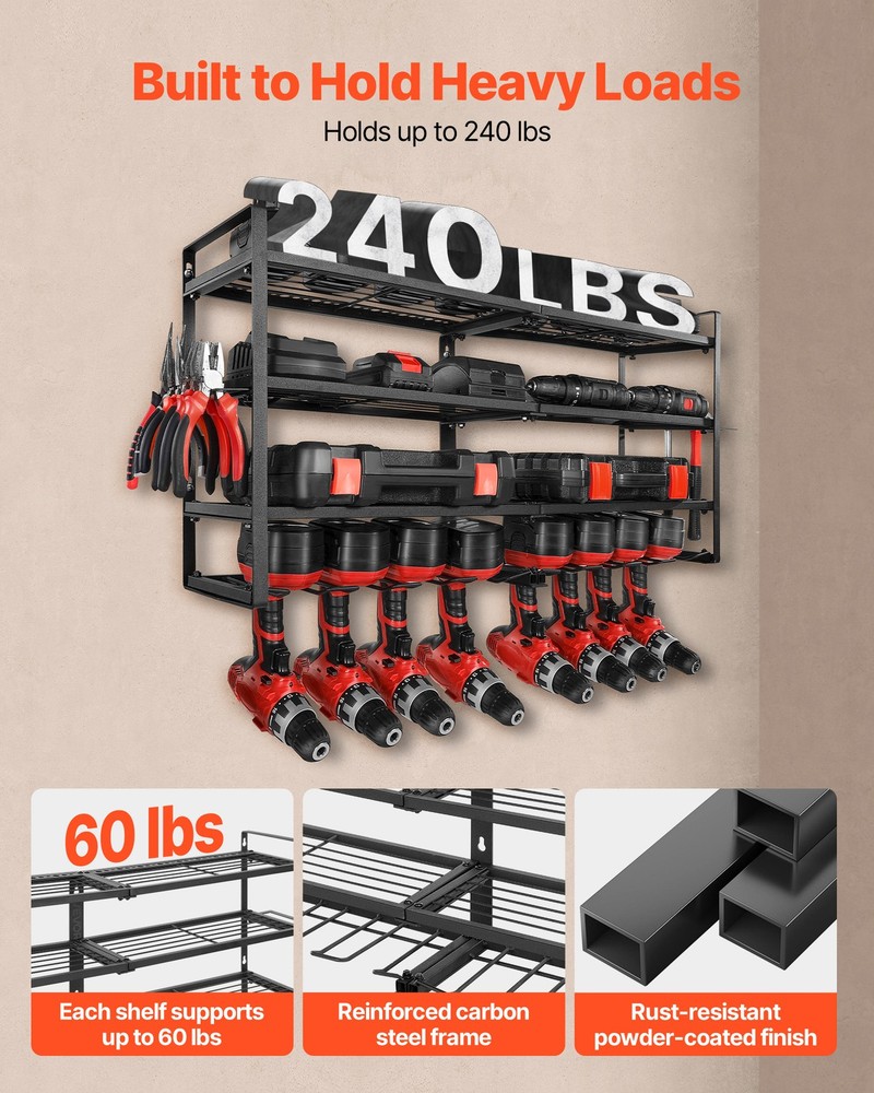 VEVOR Power Tool Organizer Wall Mount 4-Layer Tool Storage Rack 8 Drill Holders