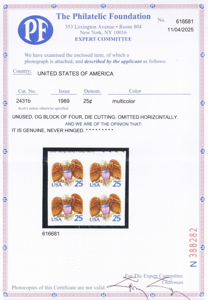 2431b, MNH 25¢ Die Cutting Omitted Between Block PFC Certificate - Stuart Katz