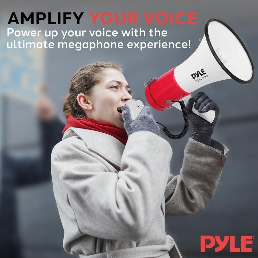 Pyle Lightweight & Portable Bullhorn Megaphone, Aux (3.5mm) Input (White)