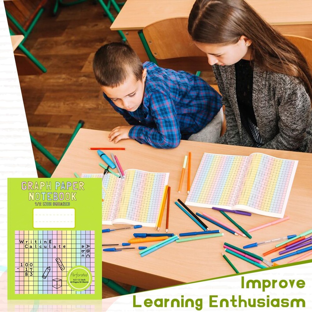 1 Pack 8.5×11 Colored Graph Paper Pad Math Notebook Graph Paper 1/2 Inch Sq