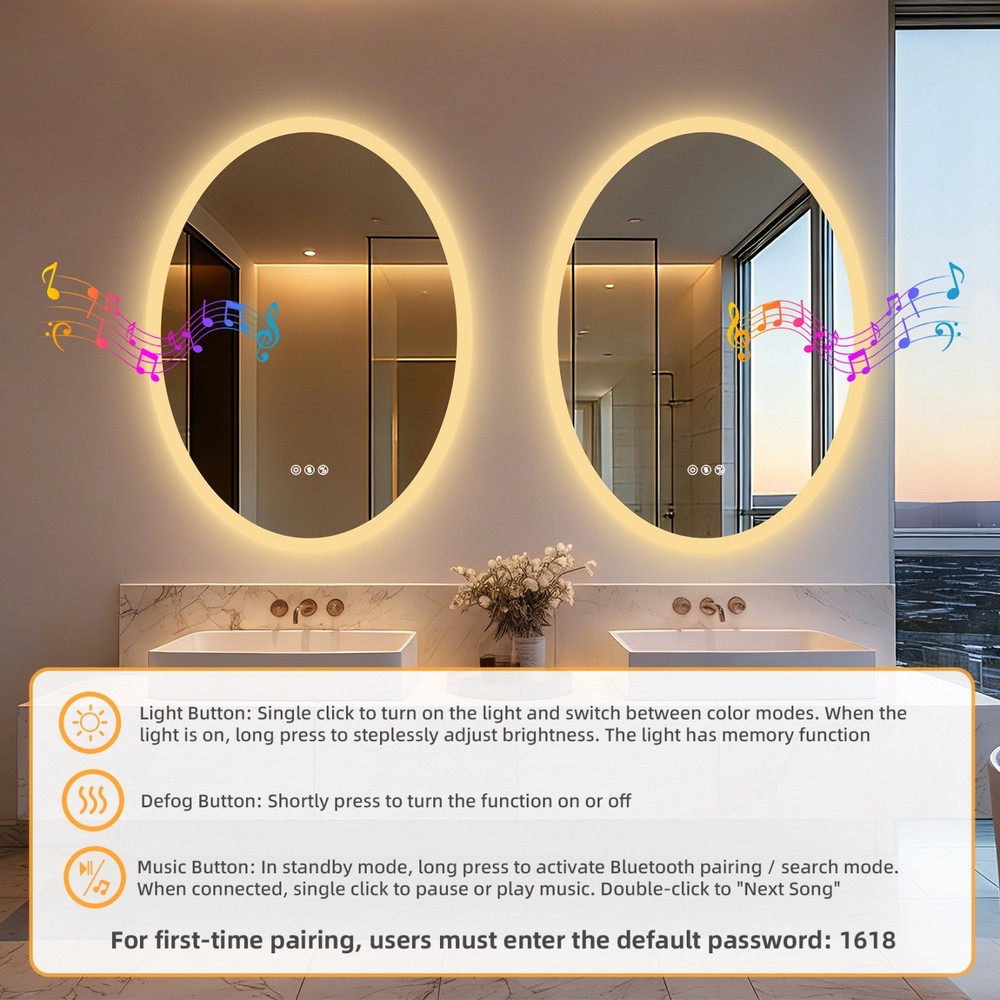 Oval LED Bathroom Bluetooth Mirror Touch Antifog Memory 3 Color Light Adjustable