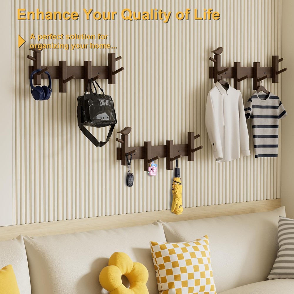 Coat Rack Wall Mount，Solid Acacia Wall Mounted Coat Rack with 4+2 Heavy Duty ...