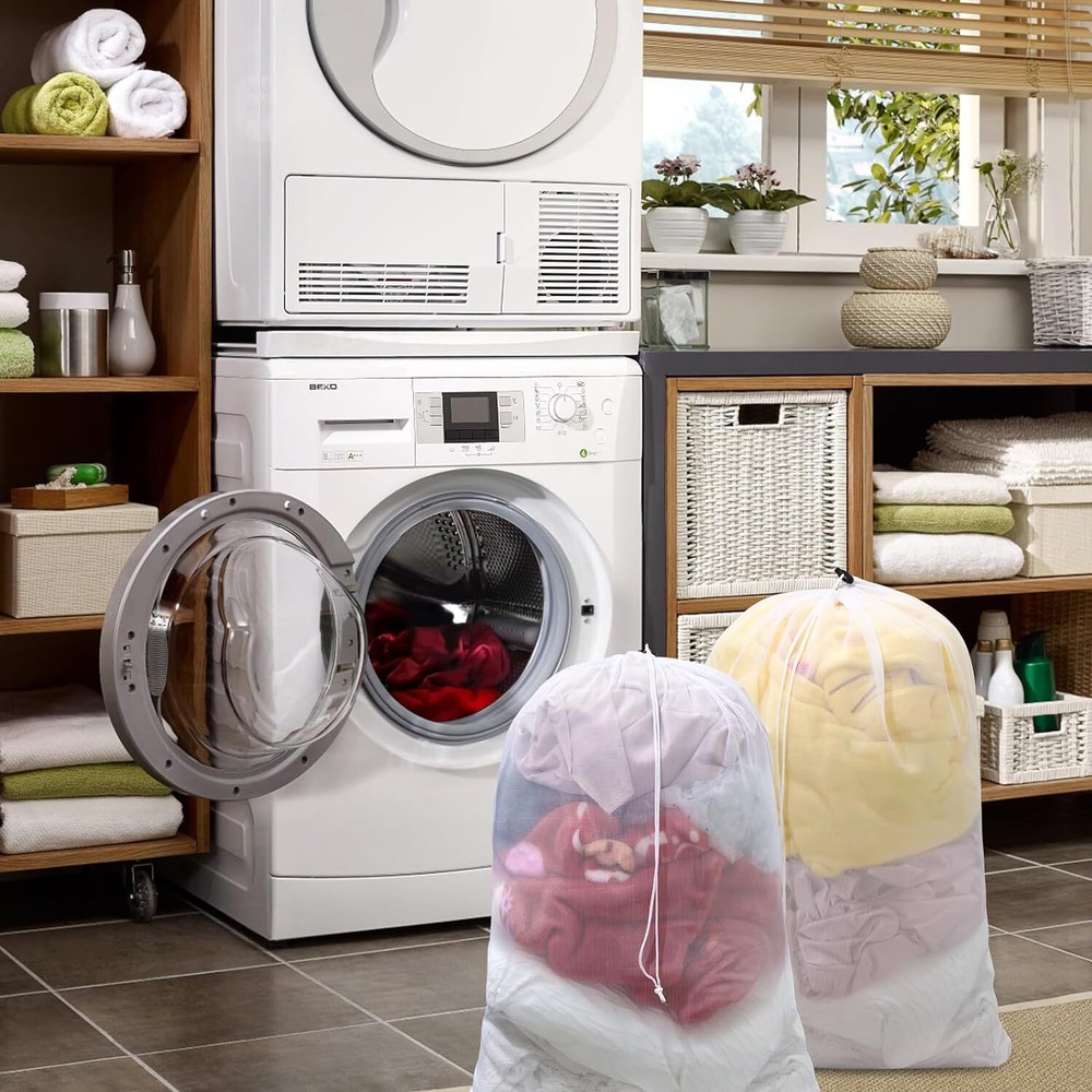 2x Extra Large Drawstring Laundry Bag Solid Mesh Material Mesh Laundry Bag White