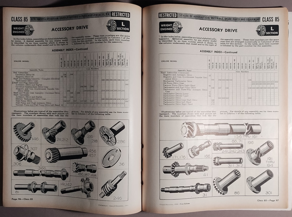 1944 Wright Aircraft Engine Class 85 Parts Book Catalog US Navy B2-76