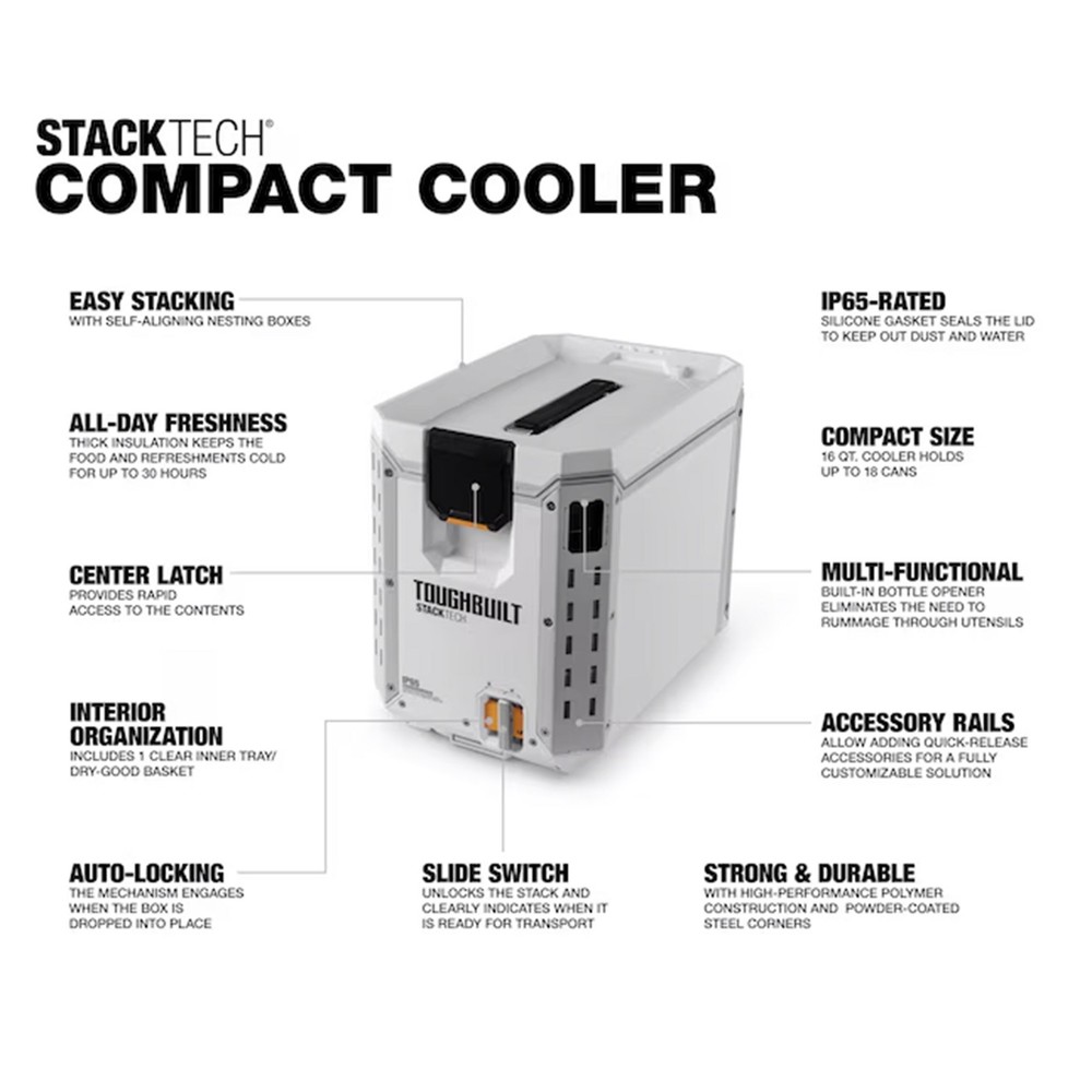 ToughBuilt StackTech Compact Cooler, Stackable 16 Qt Hard Shell Ice Chest, White