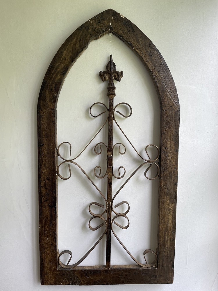 Antique Wood Church Window Frame Iron Scrollwork