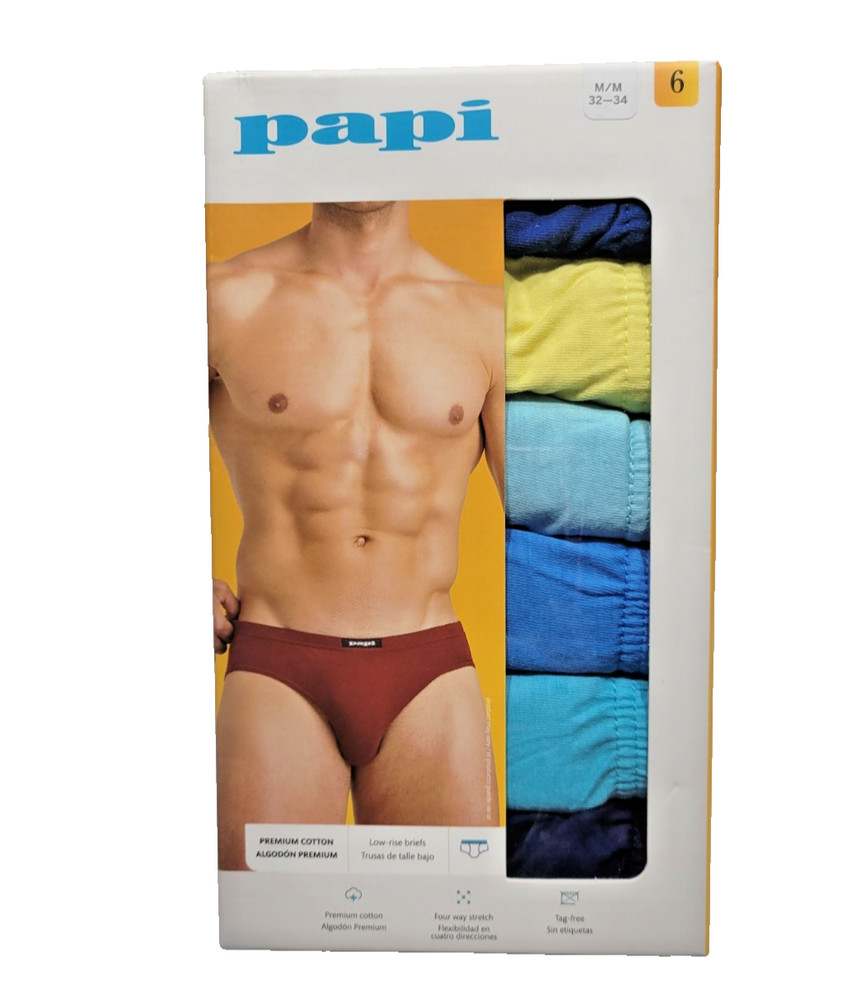 Papi 6-Men's Premium Cotton Low Rise Briefs Medium (32-34) Blues/Yellow