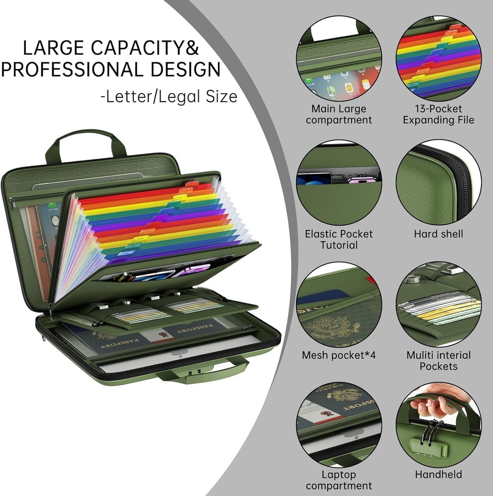 Fireproof File Organizer,Fireproof Document Box with Lock,Large 13 Pocket Green