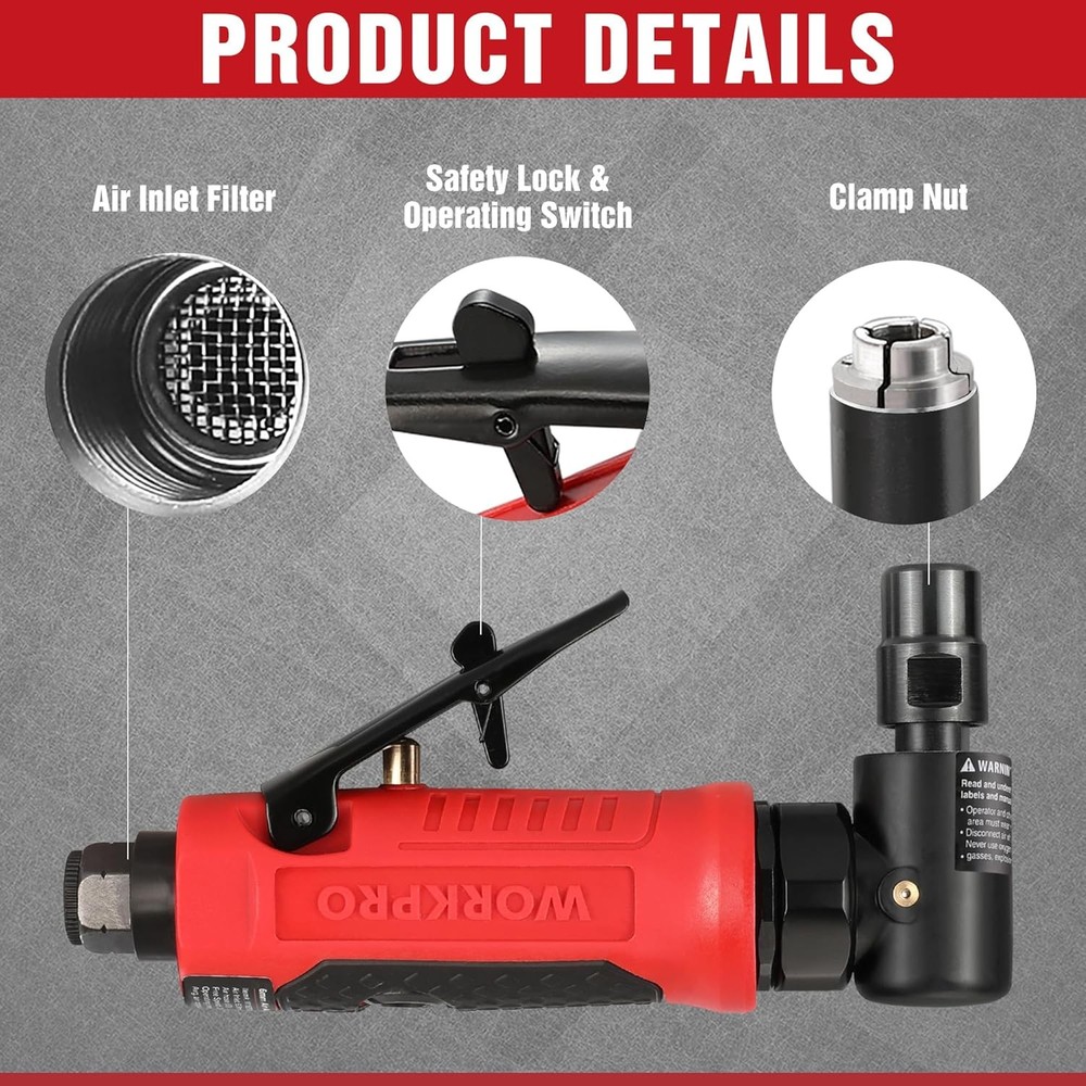 WORKPRO Air Angle Die Grinder, 1/4-Inch Pneumatic Black, Red, Silver, White