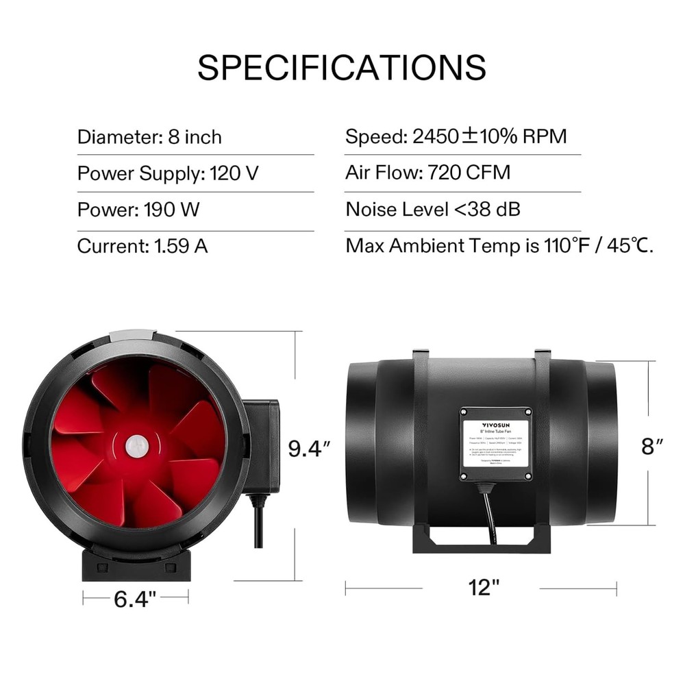 VIVOSUN R8 8 Inch 720 CFM Inline Duct Ventilation Fan with Variable Speed