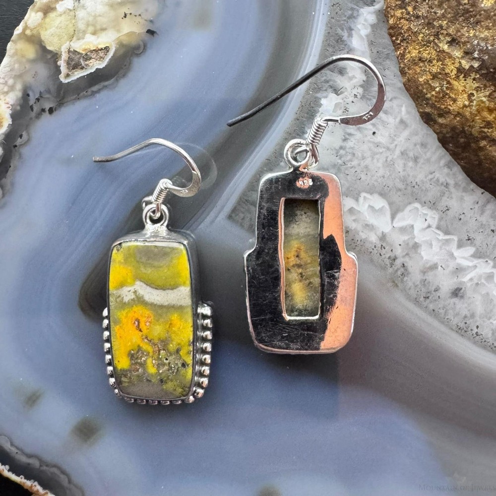 Sterling Southwestern Style Rectangle Eclipse Jasper Decorated Dangle Earrings