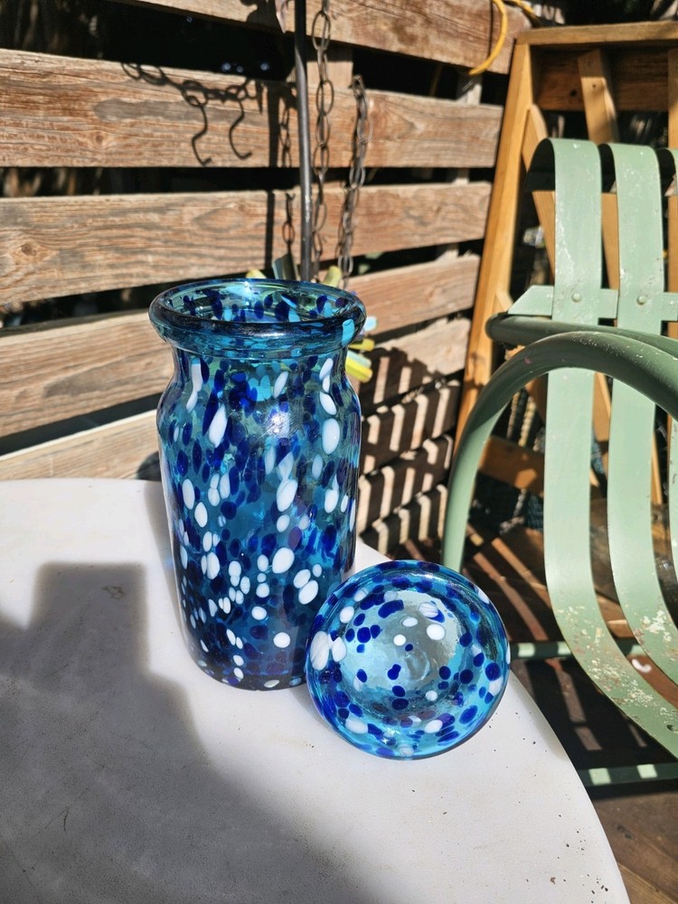 Hand Blown Glass Canister 10" Blue Glass