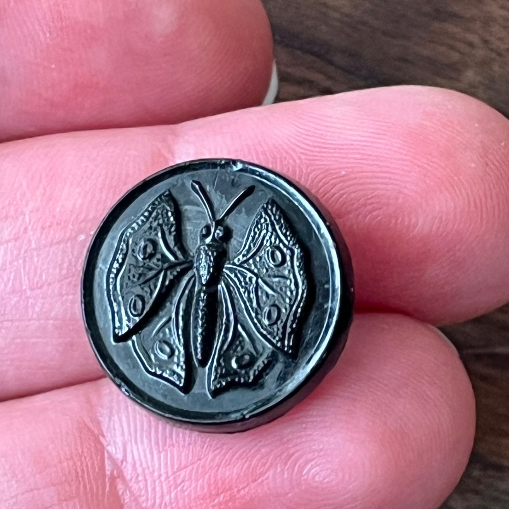 Antique Black Glass Butterfly Button 11/16”