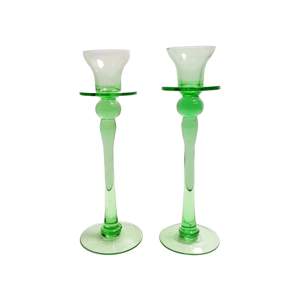 2 Vintage Green Glass Candle Holders Candlesticks