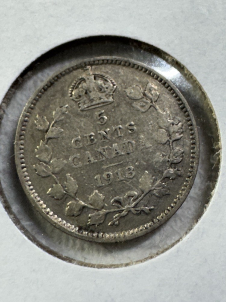 1913 Canada 5 Cents Small Silver Coin Cleaned