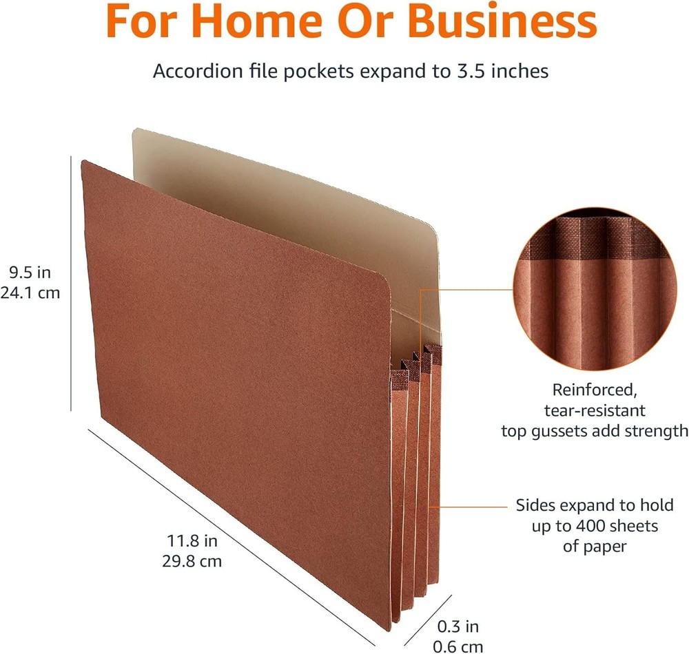 Expanding File Folder Organizer with Pockets, Letter Size, 25-Pack, Brown
