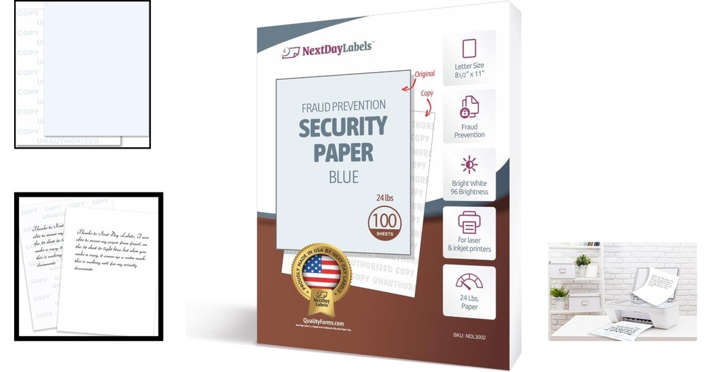 Tamper Resistant Blue Security Paper - 100 Sheets 8.5"x11" for Document Safety