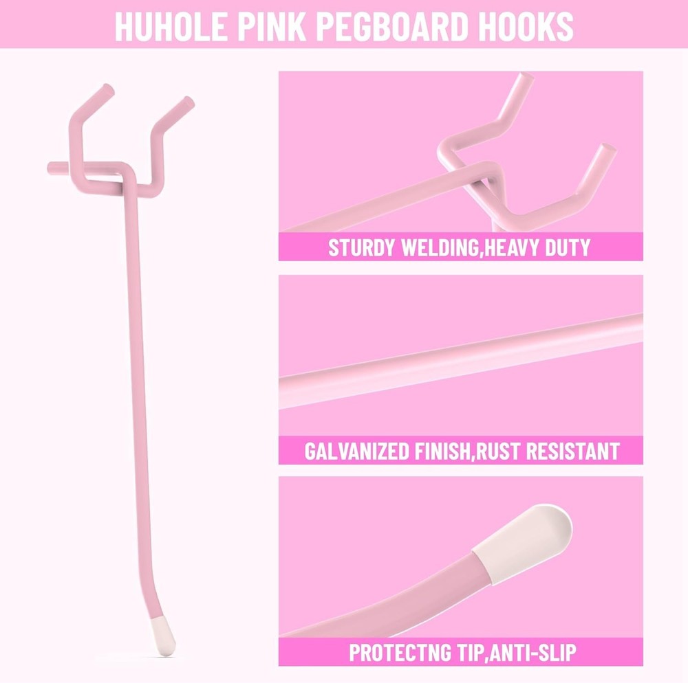 50-Pack Heavy-Duty Pink Pegboard Hooks - Stylish Organizer with Rubber Tips