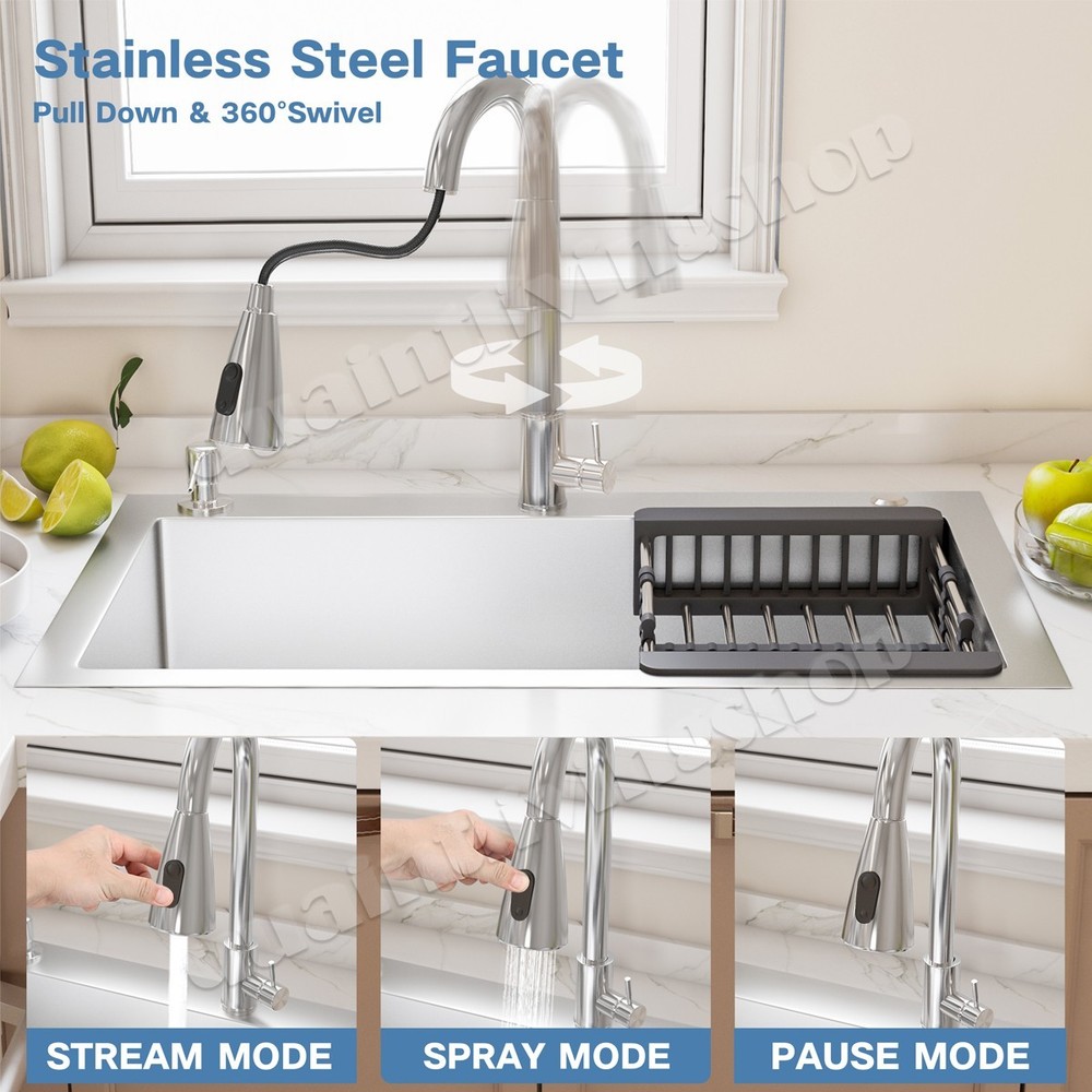Rectangular Kitchen Sink Stainless Steel Single Bowl Drop In Top Mount Faucet US