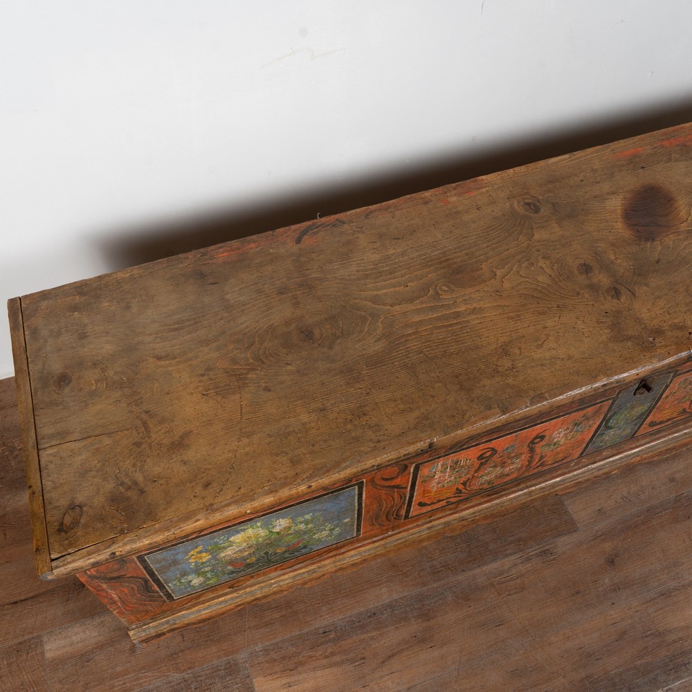 Long Narrow Hand Painted Pine Trunk Bench, Dated 1889