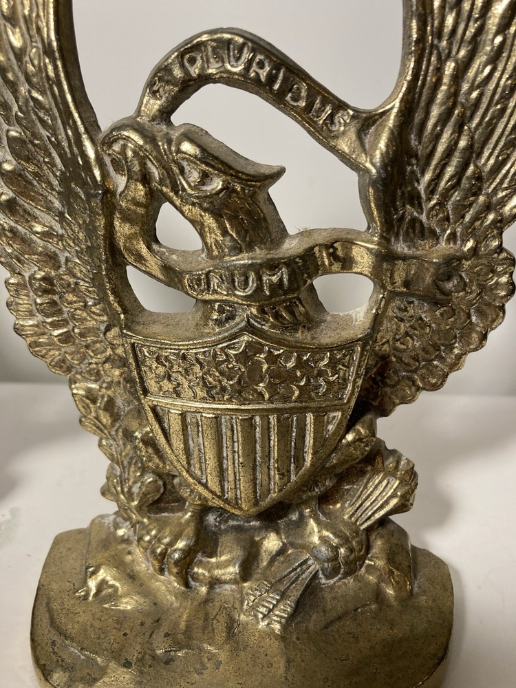 Vtg Solid Brass American Eagle E Pluribus Unum Shield Bookends-US Made-7.5x4.5”