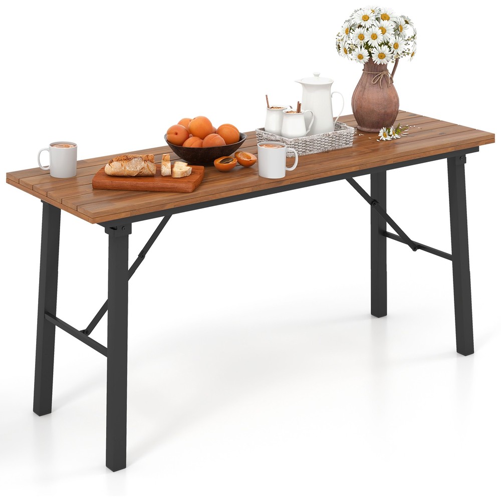 Folding Picnic Table & Bench Set Dining Table w/ Metal Frame for 4 or 6 Persons