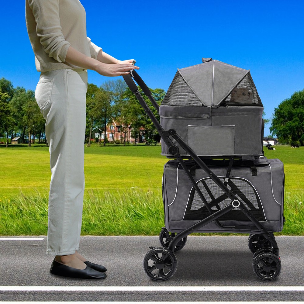 Foldable Double Pet Stroller Dogs Cats Carrying Cart For Small/Medium-sized Pet