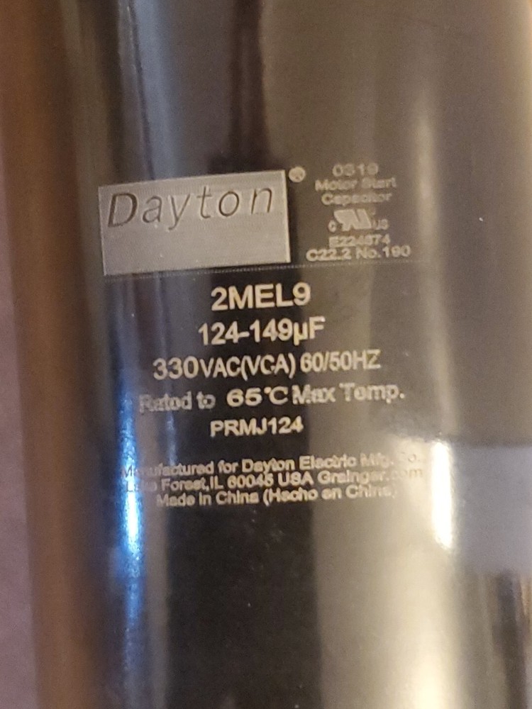DAYTON Motor Start Capacitor: 330V AC, 124-149 mfd, Round, Model 2MEL9