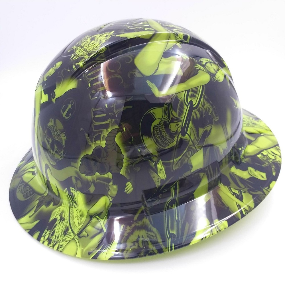 Hard Hat FULL BRIM custom hydro dipped , OSHA approved LIME BIKER BABES