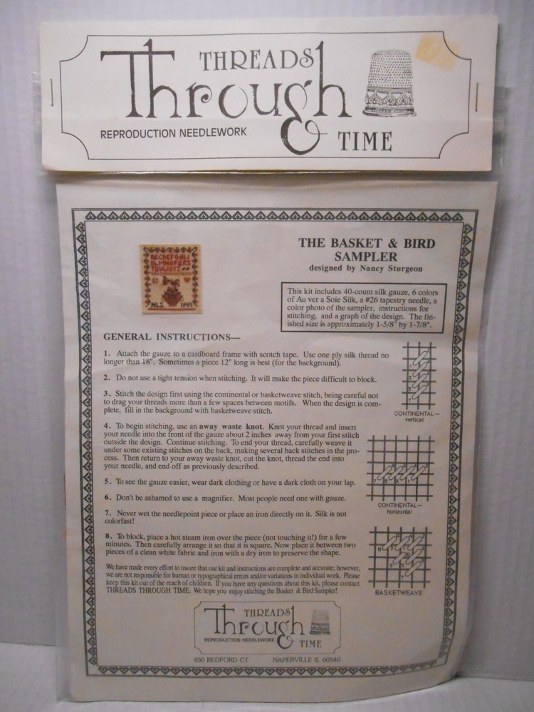 Threads Through Time THE BASKET & BIRD SAMPLER Kit 40 ct Silk Mesh & Soie Thread