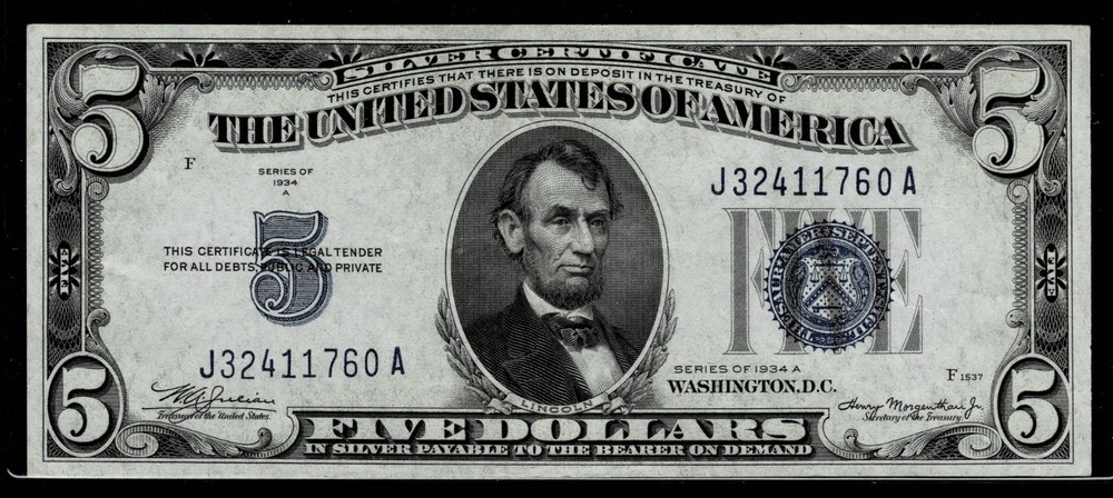 1934-A $5 SILVER CERTIFICATE NOTE~UNCIRCULATED