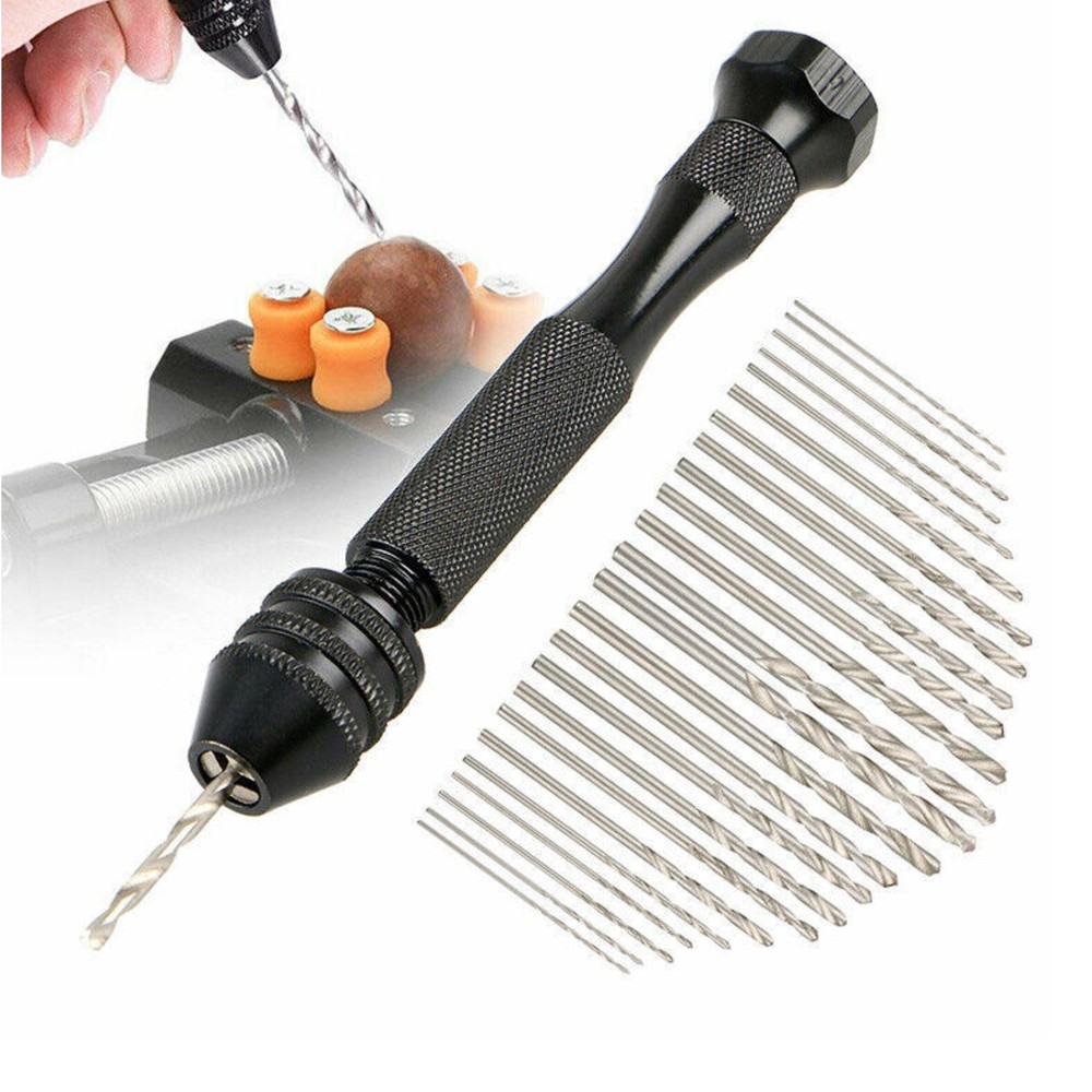 26Pcs Mini Micro Hand Drill Bit Kit Manual Keyless Chuck Pin Vise Rotary Tool