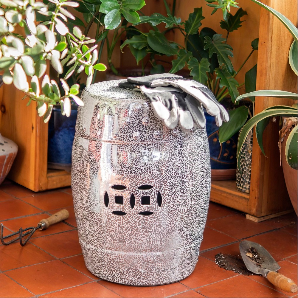 18" Silver Crackle Garden Stool