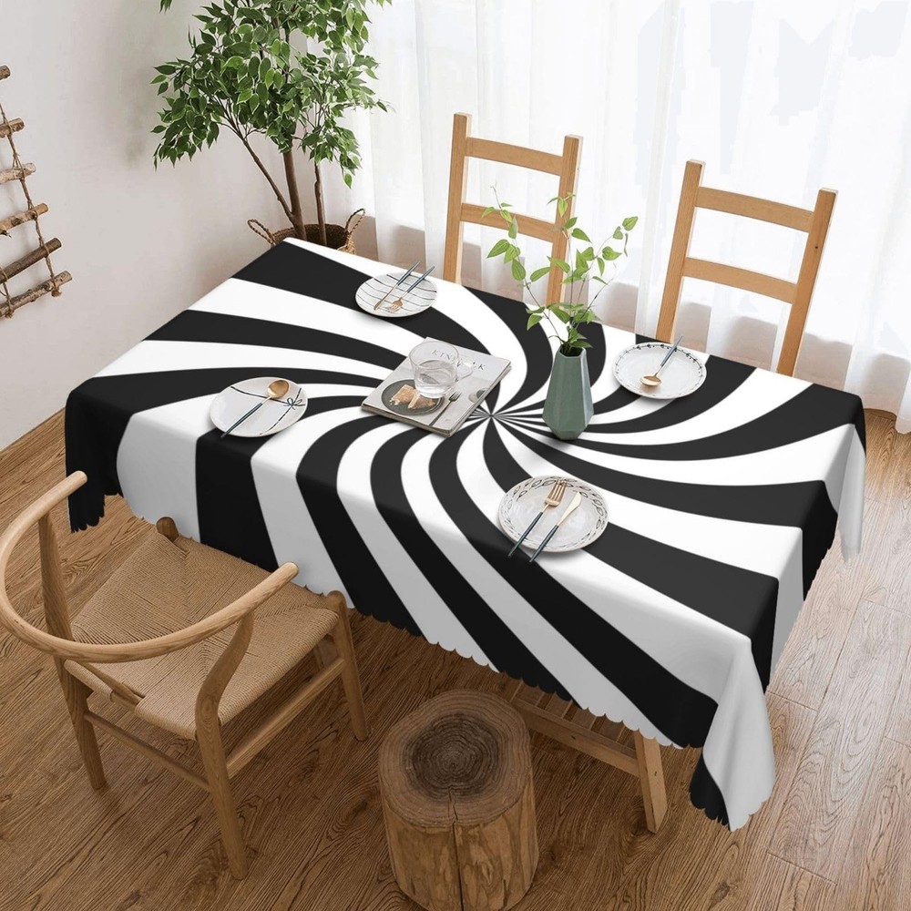 Black White Rectangle Tablecloth Funny Swirl Stripes Table Cloth Modern Recta...