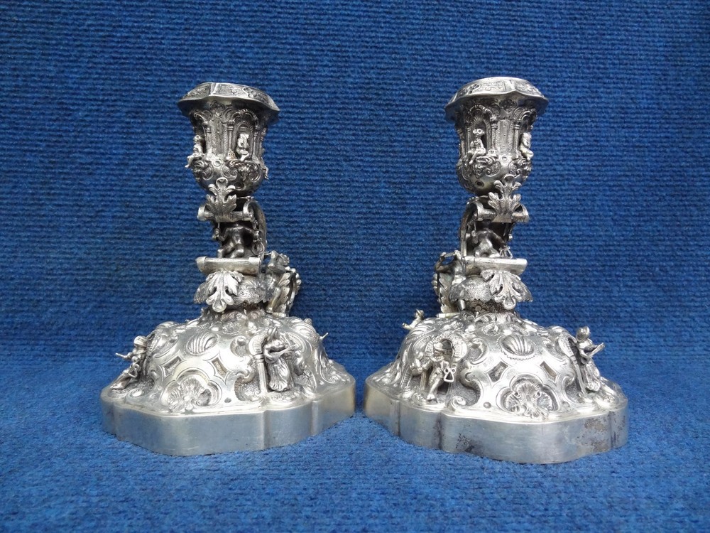 Silver candlesticks (walking) Medieval style 19-20th C. C-scroll Pan with flute