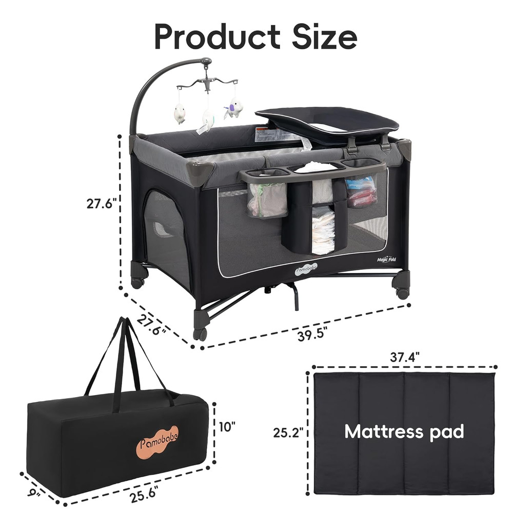 Portable Magic Fold Playard with Bassinet & Changing Table - Easy Zip Door