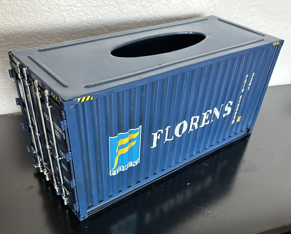 Vintage Blue Diecast Metal Cargo Train Container Car TISSUE BOX holder