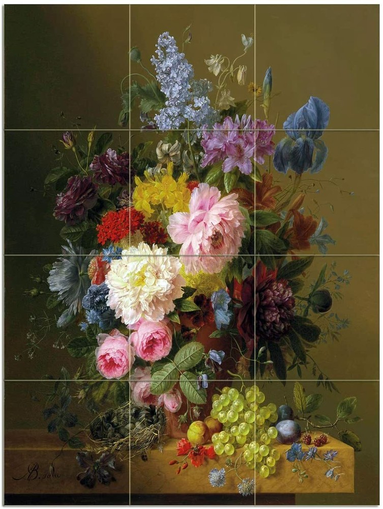 Tile Mural Bouquet Flowers Peonies A. Bloemers Kitchen Backsplash Marble Ceramic