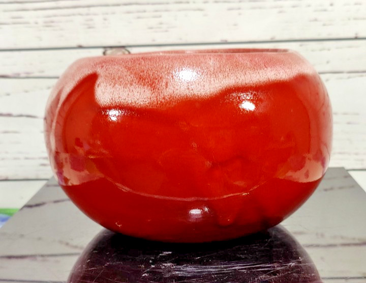 Round Crimson and White Drip Glaze Studio Art Pottery Ceramic Planter