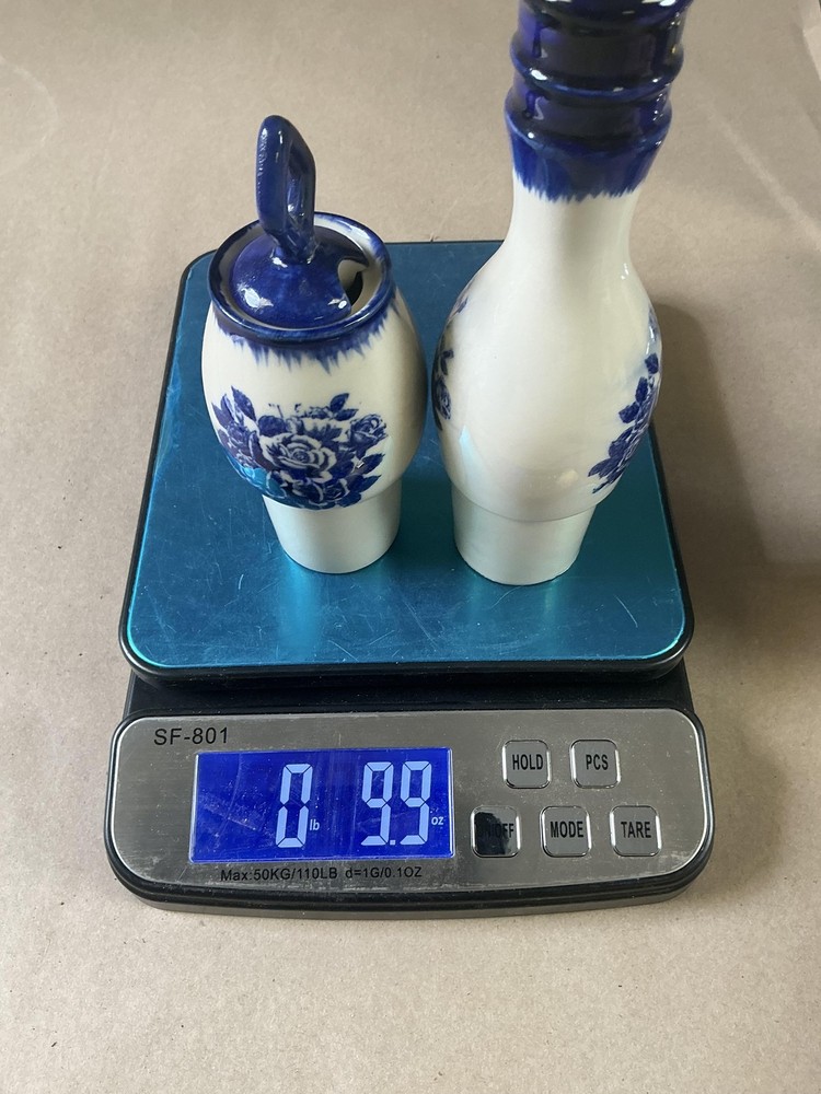 Blue White Ceramic Salt Shaker & Lidded Jar Floral Large Table Kitchen Set