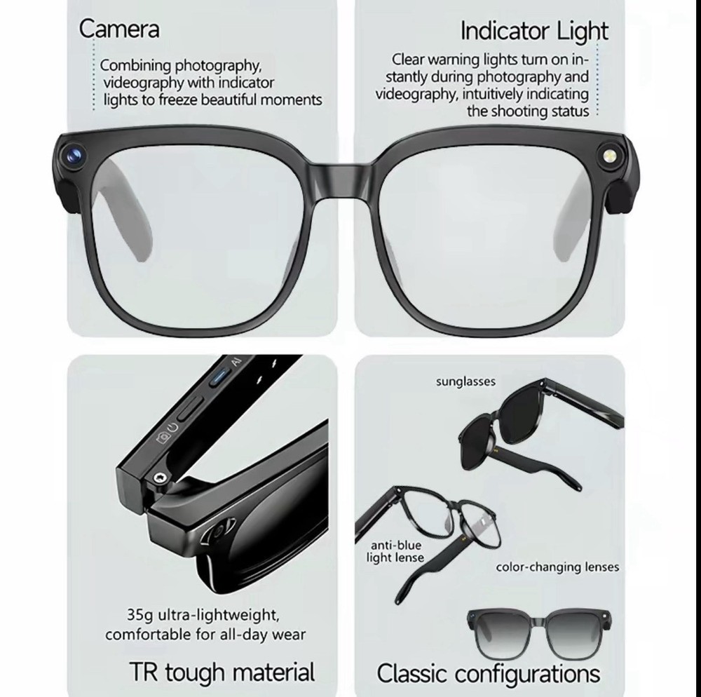 Smart Al Camera Glasses with 8MPPhotochromic Lenses, Button Touch.