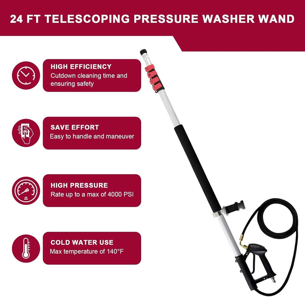 Professional 24 FT Pressure Washer Wand with Adjustable Sections & Support Belt