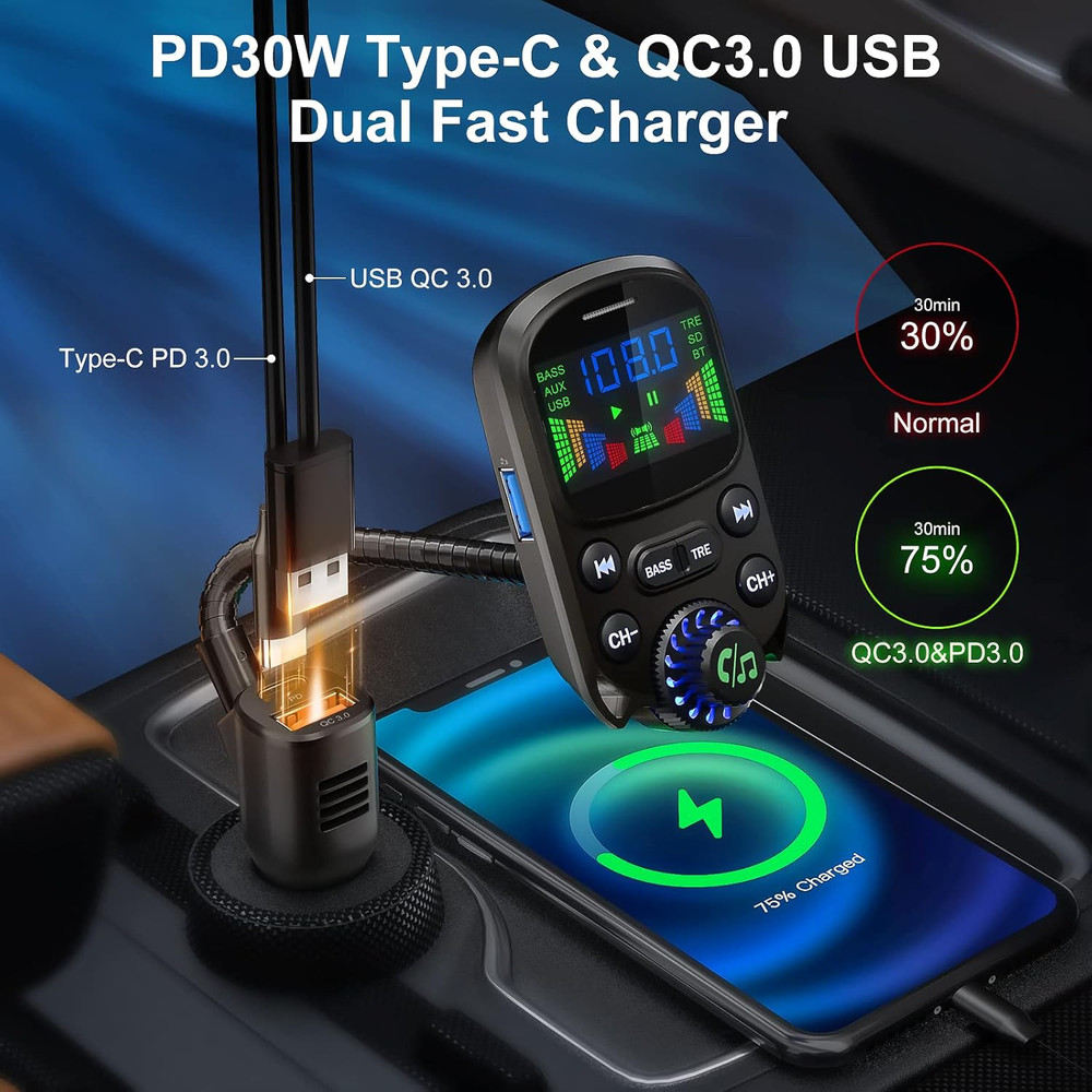 Bluetooth 5.3 FM Transmitter for Car SOARUN Bluetooth Car Adapter PD30W & USB Po