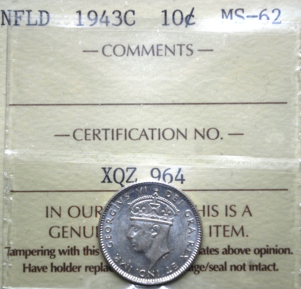 1943-c Newfoundland 10 cents ICCS graded MS-62