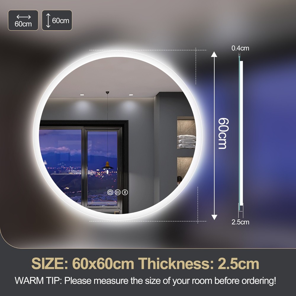 23.6 in Round LED Bathroom Lighted Mirror Bluetooth 3 Colour Wall Vanity Mirror